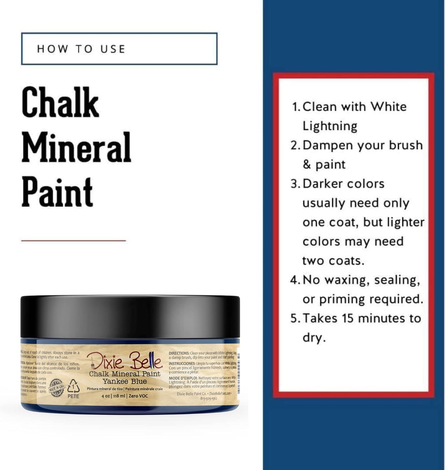 Dixie Belle Paint Company Chalk Finish Furniture Paint - Yankee Blue (4oz) - Matte Cool Navy Chic Chalk Mineral DIY Furniture Paint