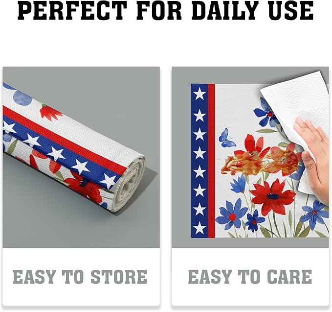 Giwawa 4th of July Placemats Set of 4 Watercolor Patriotic Flowers Stars Table Mats 12x18 Inch Independence Day Floral Heat Resistant Washable Linen Place Mat for Kitchen Dining Party Decor