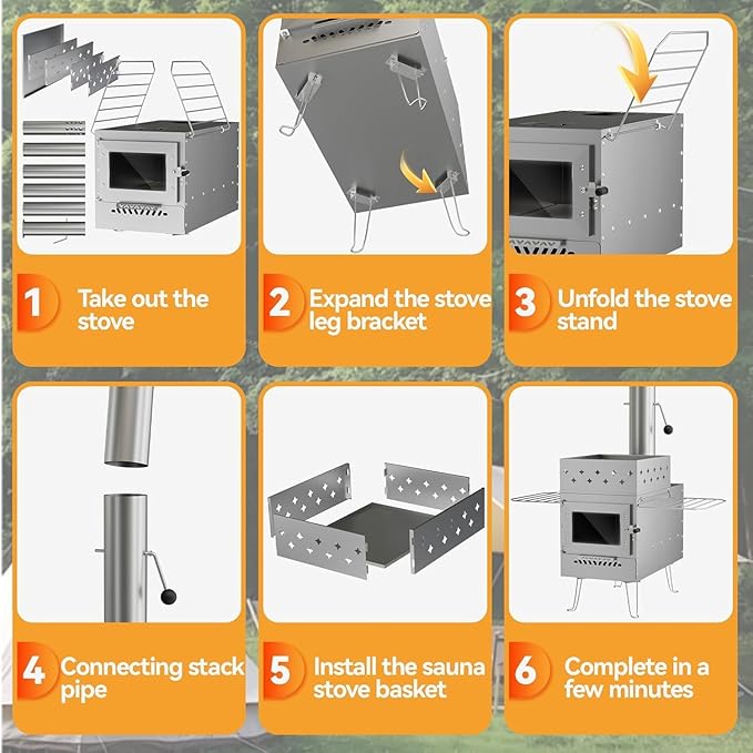 Sauna Hot Tent Stove, Portable Wood Burning Stove for Outdoor Camping with Chimney Pipe for Dry Sauna, Cooking for Family and Friends, Upgraded Heat Concentration System with Sauna Stones Baskets
