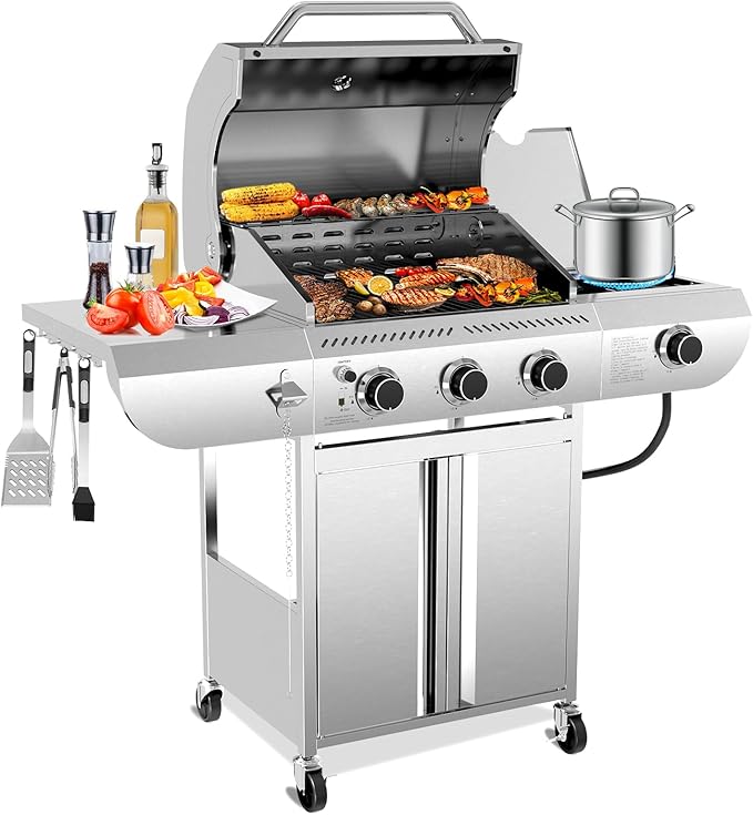 R.W.FLAME 3-Burner Propane Gas Grill With Sider Burner, Stainless Steel Propane Grill 34,000BTU, Multifunction & Protable Outdoor Barbecue Grill with Casters for Camping & Parties