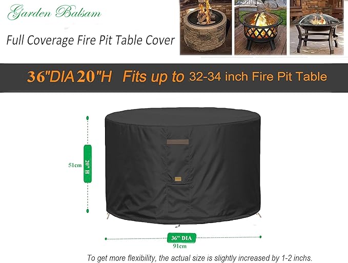 Fire Pit Cover 600D Heavy Duty Waterproof Fabric With PVC Coating Round 36" Dia x 20" H Black Fits 32-34 inch Fire Pit Table Fade Resistant Outdoor Firepit Cover