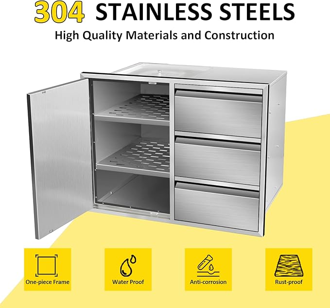 Outdoor Kitchen Door Drawer Combo Cabinet 28" W x 22" H x 19.5" D Stainless Steel Built-in Triple Drawers&Access Door Combo Cabinet for Outdoor Kitchen Island
