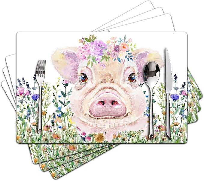 Flower Pig Placemats Set of 4 - Faux Leather Heat Resistant Placemats for Dinner Table, Non-Slip Waterproof Oil-Proof Washable Reusable Placemat for Indoor Outdoor Kitchen Decor, 15.75In*11.81In