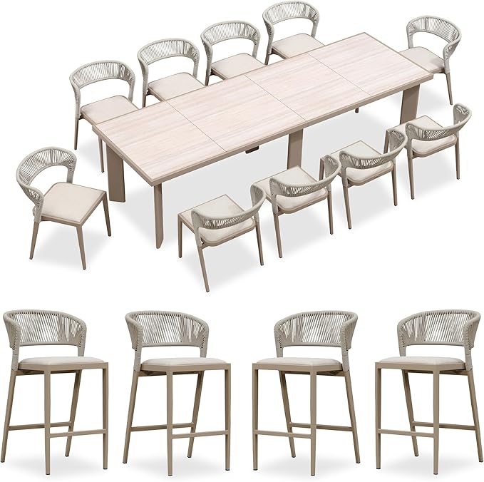 PURPLE LEAF 11 Pieces Outdoor Dining Set Patio Dining Furniture Aluminum Wicker Rattan Outdoor Dining Table and Chairs for Lawn Garden Backyard Champagne with Counter Stools