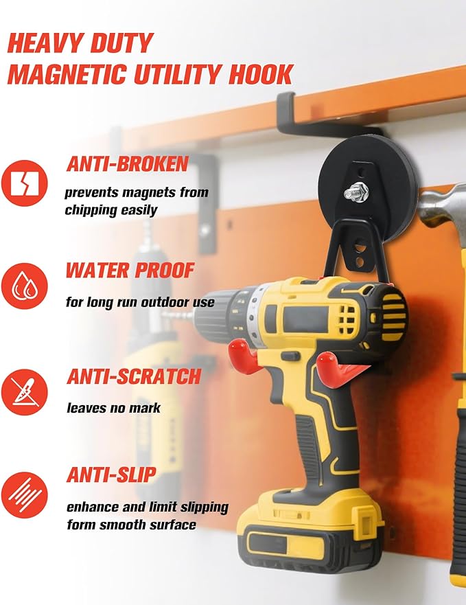Heavy Duty Magnetic Hooks, Magnet Garage Storage Hooks 4 Pack - Orange Magnet Hooks for Hanging Tools, Garage Organization, Secure Metal Cabinet & Steel Surfaces
