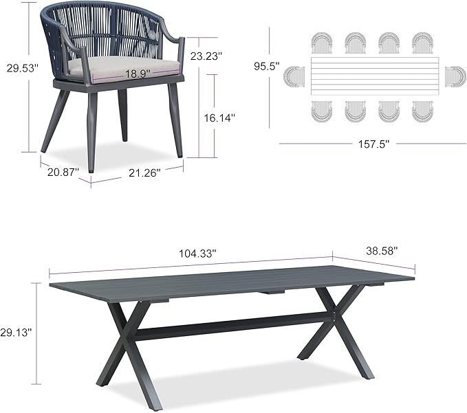 PURPLE LEAF 11 Pieces Outdoor Dining Set All Weather Wicker Patio Dining Set with Rectangular Aluminum Table and Modern Armrest Dining Chairs for Garden Deck Backyard Kitchen, Grey