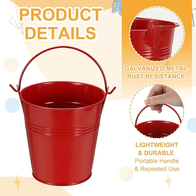 Small Metal Buckets, Mini Buckets with Handle Galvanized Colored Tin Pail Containers Basket Party Supplies - Fit for (Halloween - Classroom Crafts) 4" & 10Pcs & Red