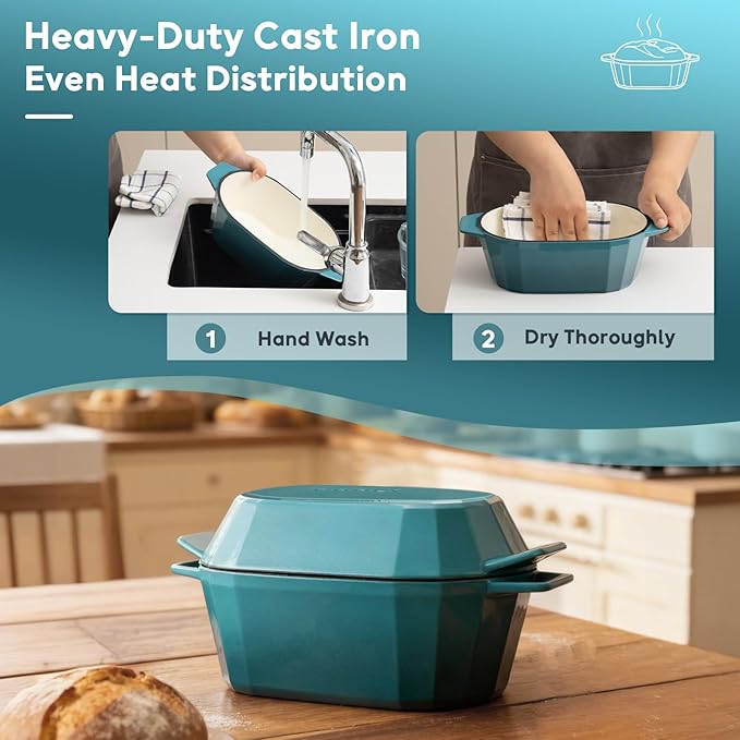 Enameled Cast Iron Dutch Oven for Bread Baking – 3QT Oval Round Heavy Duty Bread Pan with Lid, Non-Stick Ceramic Coating,Loaf Cast Iron Bread Oven for Sourdough, Baking, Roasting, Braising, Stovetop & Oven Safe