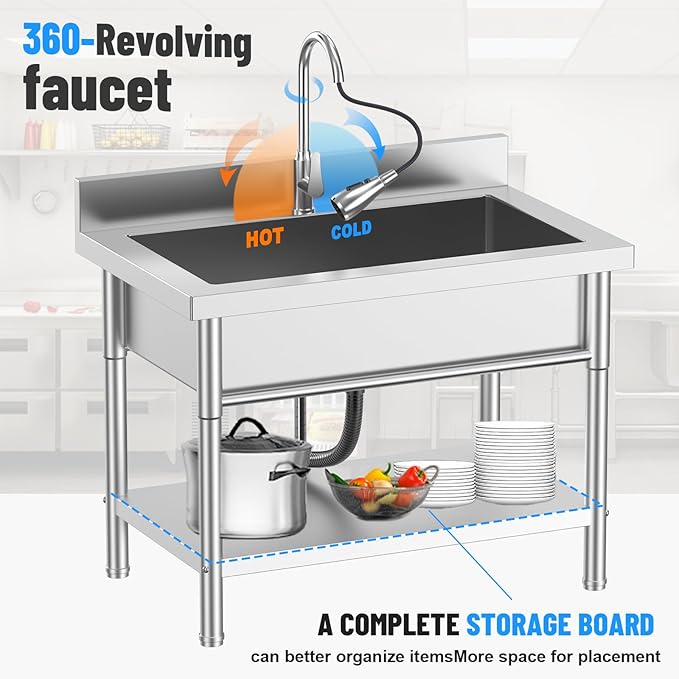 Stainless Steel Utility Sink, 39.5" × 23.6" × 31.5"Freestanding Sink with Retractable Cold and Hot Water Faucet,Hoses and Drain Kit for Kitchens, Bathrooms, Garage, Laundry Room