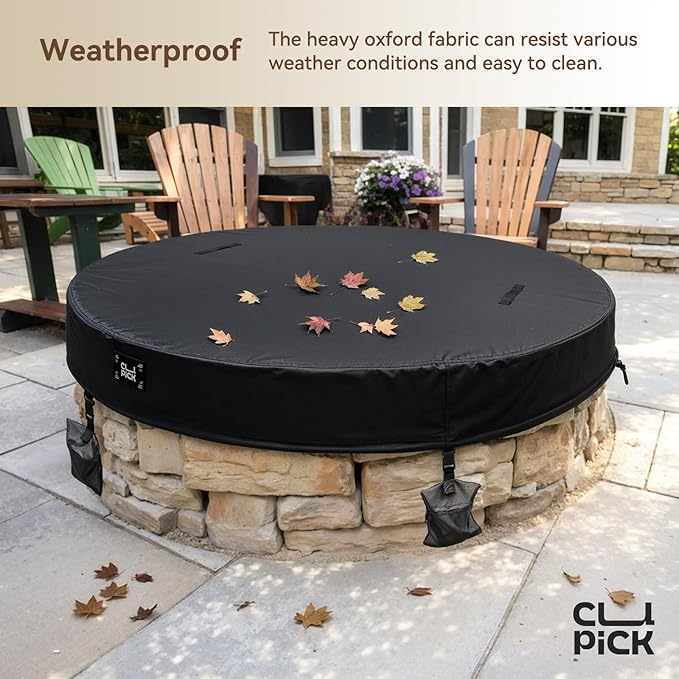 Outdoor Fire Pit Cover,In Ground Firepit Covers Round with Sandbag,600D Heavy Duty Waterproof and Tear-Resistant,Windproof,Suitable for 52-57 Inch Round Built in Stone Firepits,Black