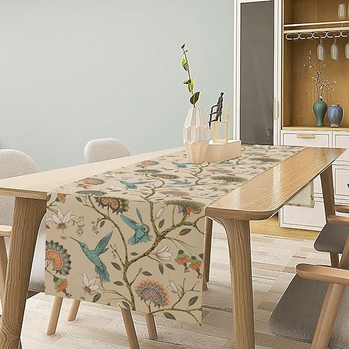 Floral Bird Table Runner,Vintage Boho Flower Birds Print William Morris Style Table Runner for Kitchen Dining Table Holiday Home Party Decor 13x70in