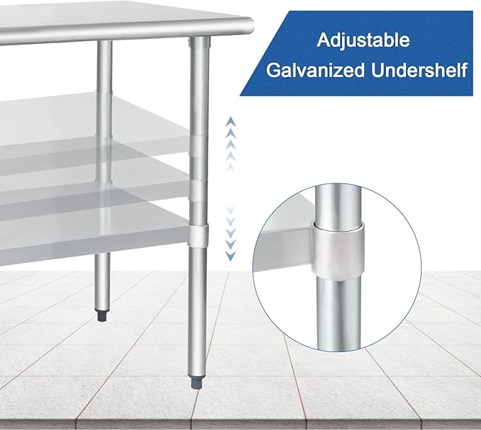 HARDURA Stainless Steel Table 30X72 Inches with Undershelf and Galvanized Legs NSF Heavy Duty Commercial Metel Table for Food Prep