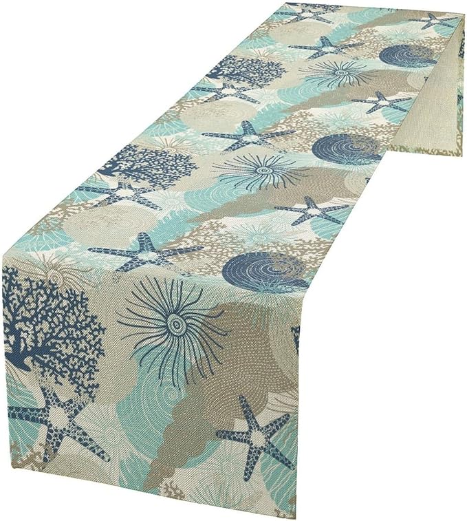 Marine Life Table Runner, Sea Underwater World Ocean Creature Table Runner for Dining Kitchen Party Holidays Home 13x120in