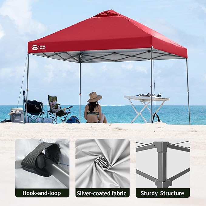 CROWN SHADES Adjustable Height on The Fly, 10x10 Pop Up Canopy - Beach Tent with One Push Setup - Easy Outdoor Sun Shade for Events, Parties, Camping - Outside Shade with STO-N-Go Bag, Red