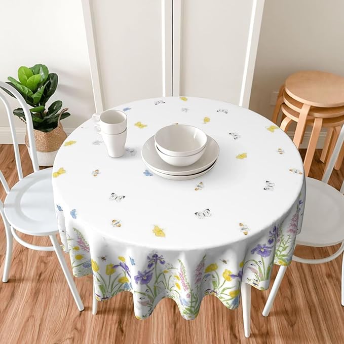 Spring Easter Round Tablecloth 70 Inch, Bunny Colorful Flower Butterfly Decorative Tablecloths Stain Resistance Polyester Rabbit Floral Table Cloth for Holiday Parties Kitchen Dining