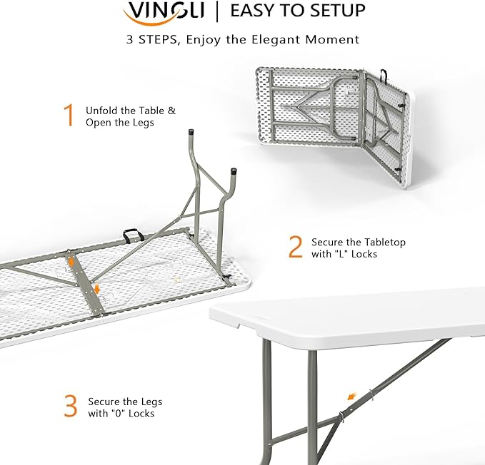 VINGLI 6 Foot Plastic Folding Table Portable Long Table for Indoor Outdoor Use Rectangular with Carrying Handle, Smooth HDPE Tabletop, White
