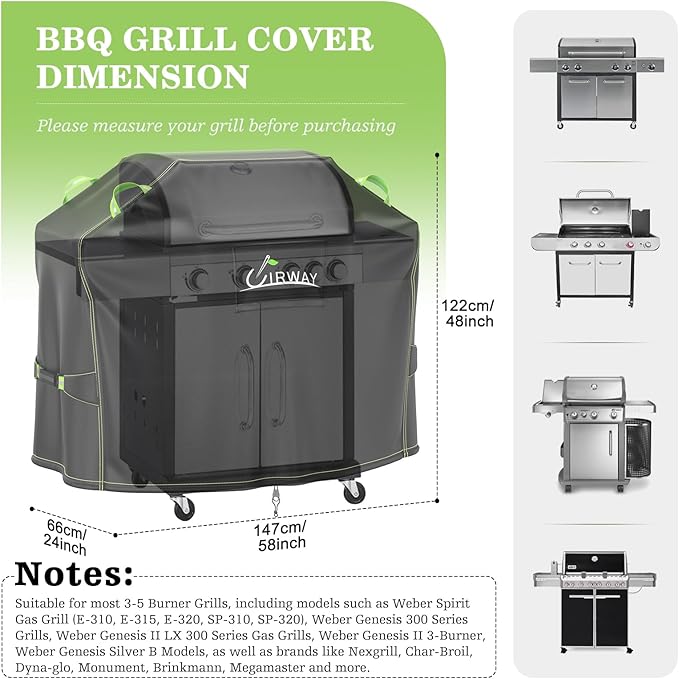 UIRWAY Grill Cover for Outdoor Grill 58 Inch, 600D Heavy Duty Waterproof BBQ Cover, UV & Fade Resistant Gas Grill Covers with Reflective Strip and Air Vent, Black