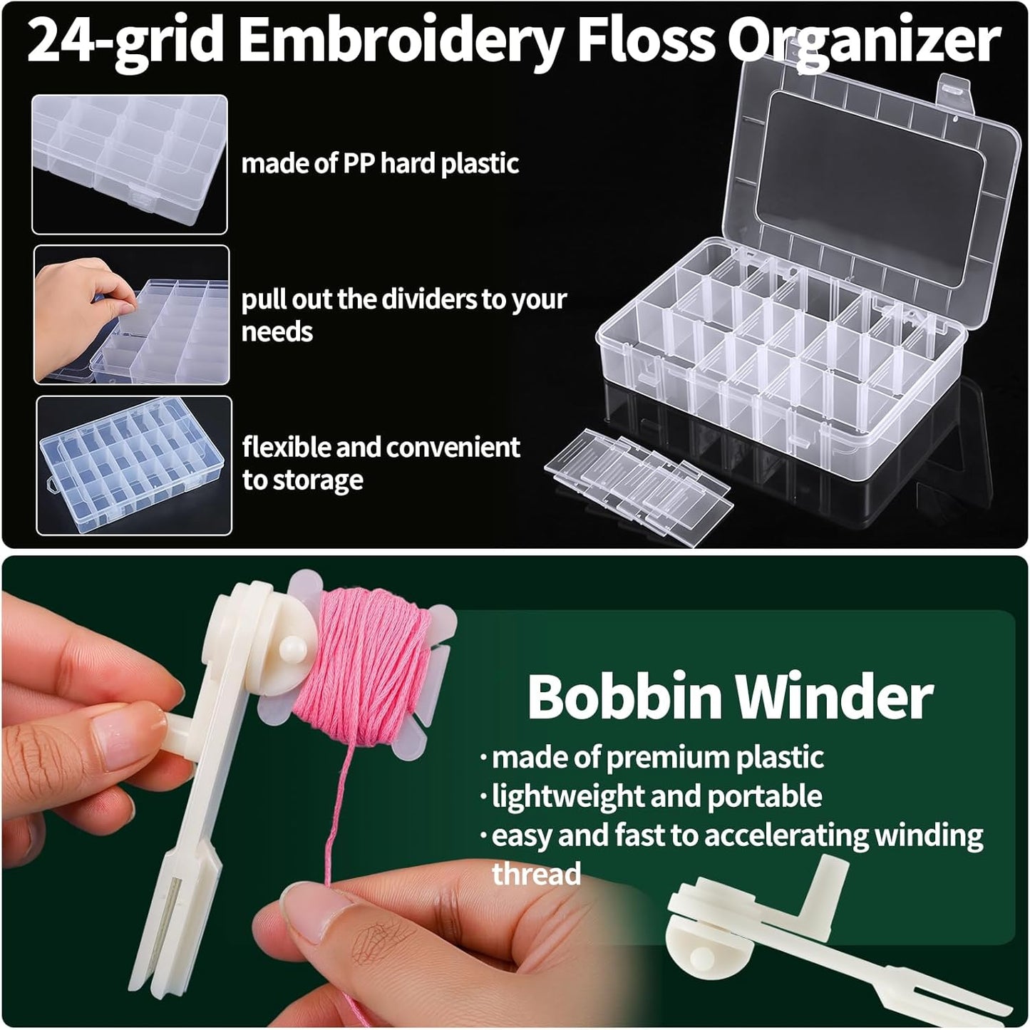 Yuahar 265Pcs Embroidery Floss Organizer Kit, 2 Removable 24-Grid Thread Storage Boxes with 250 Plastic Bobbins, 2 Bobbin Winders and Stickers for DIY Cross Stitch Needlework Thread Sewing