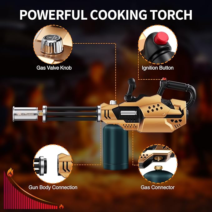 Powerful Propane Torch, Kitchen Blow Torch Gun with Adjustable Flame, Detachable Flamethrower Cooking Torch for Searing Steak, Camping, BBQ, Welding (Tank Not Included)