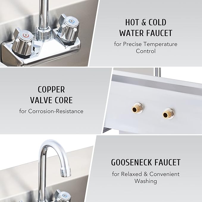 WILPREP Commercial Hand Sink, NSF Stainless Steel Sink Commercial Utility Sink with Gooseneck Faucet and Strainer, 17x15 Inch Wall Mount Kitchen Sink for Restaurant Bar RV Bathroom Laundry Room