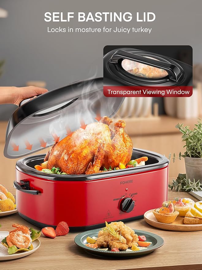 FOHERE 26QT Electric Roaster Oven with Visible & Self-Basting Lid, Large Turkey Roaster with Defrost & Warm Function, Adjustable Temperature Control, Removable Stainless Steel Pan & Rack, Red