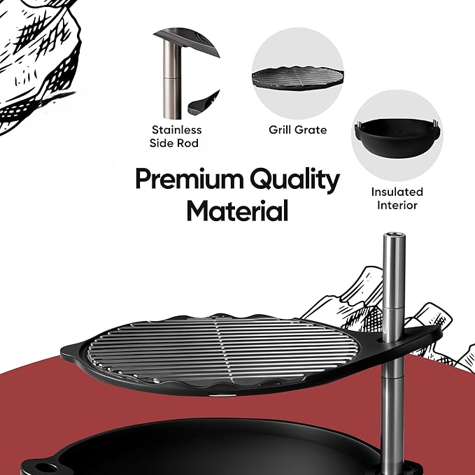 Bola Grill Traveler Portable Charcoal Grill – Small Tabletop BBQ Grill with Adjustable & Rotating Grate for Outdoor Cooking, Camping & Backyard BBQ (Black)