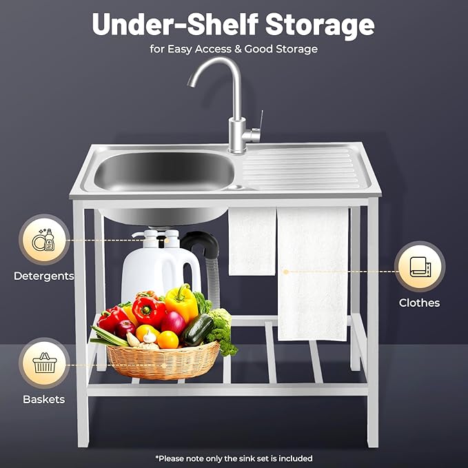 Portable Outdoor Utility Sink, Free Standing Single Bowl Kitchen Sink with Storage Shelf Faucet Operation Countertop, Commercial Stainless Steel Sink Adjustable Support Feet (30X16X30in)