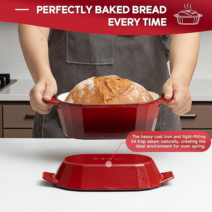Enameled Cast Iron Dutch Oven for Bread Baking – 3QT Oval Round Heavy Duty Bread Pan with Lid, Non-Stick Ceramic Coating,Loaf Cast Iron Bread Oven for Sourdough, Baking, Roasting, Braising, Stovetop & Oven Safe