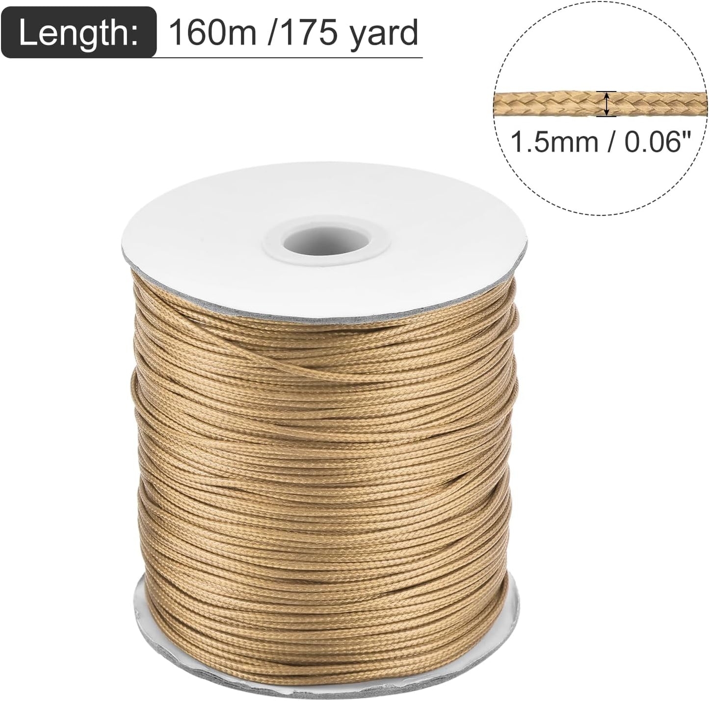 MECCANIXITY Waxed Cord 1.5mm Waxed Polyester Cord 175 Yard Wax String for Bracelet Making,Necklaces, Beading,Jewelry Making and DIY Crafts(Khaki), 0.06 inch-Dia