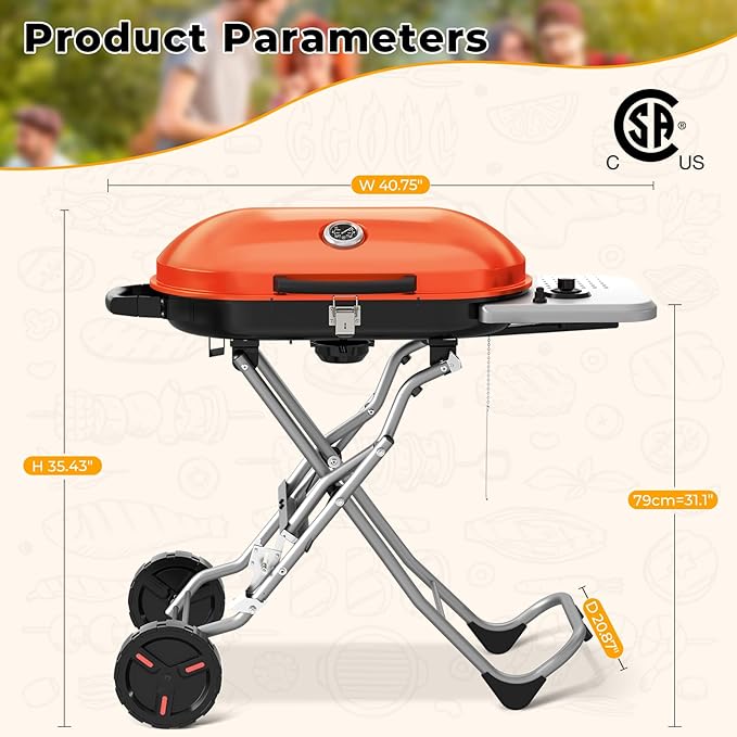 RoadTrip Portable Propane Gas Grill,15,000 BTU BBQ Grill with Top Cover Lid,Folding Legs & 2 Wheels, 406 sq.in. Grilling Areas, Built-in Thermometer, Barbecue Gas Grill for Patio,Party,Orange