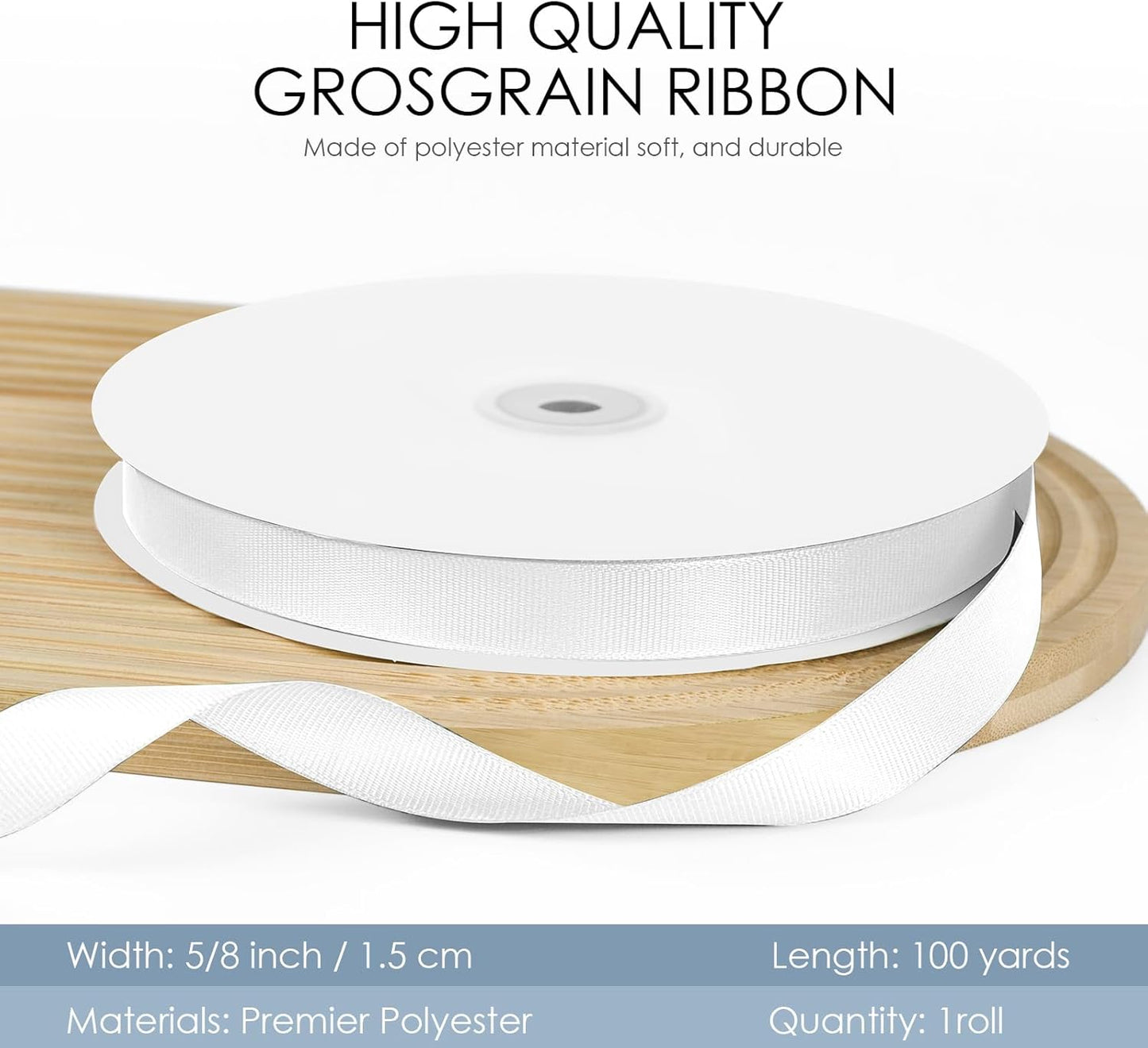 100 Yards 5/8 inch Grosgrain Ribbon, Solid Color Fabric Ribbon Perfect for Gift Wrapping, Wedding, Handmade Bows, Floral Bouquets and Party Decoration(White)