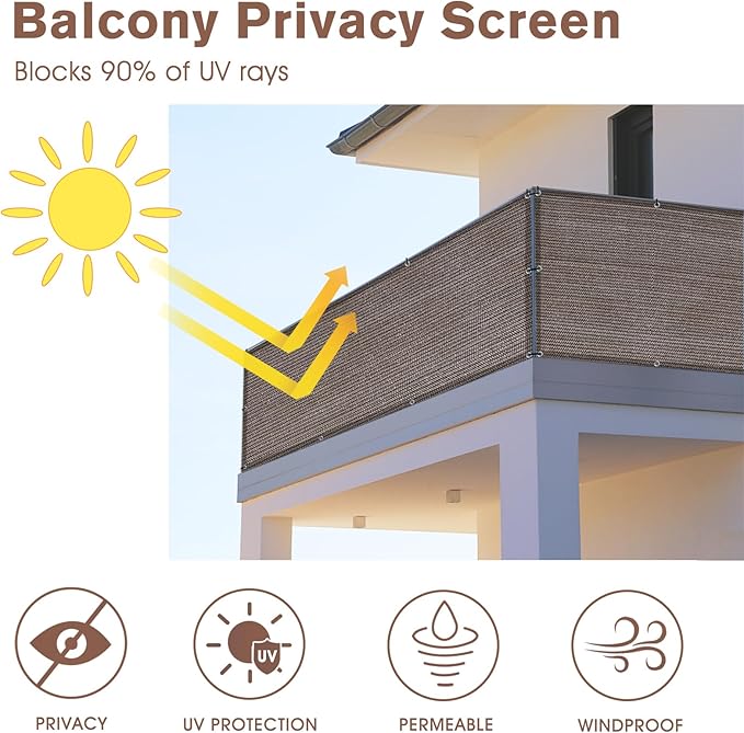 Sunny Guard Customized 3.3'x12' Brown Balcony Privacy Screen,180 GSM Apartments Railing Fence Cover,Heavy Duty Mesh Windscreen for Deck,Outdoor,Backyard,Patio