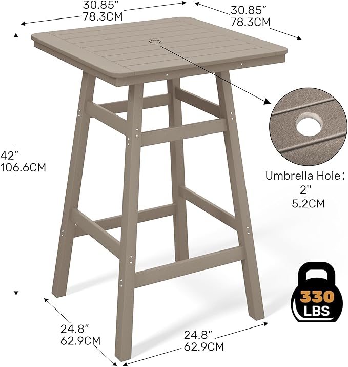 Costaelm Outdoor Bar Table, 42" Counter Height Square Patio Cocktail Bar Table with Umbrella Hole, Patio Bistro Dining Pub Table for Front Porch Deck Backyard Garden, Weathered Wood