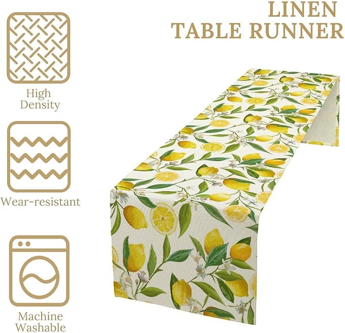 Lemon Table Runner, Summer Fruits Green Leaves Flower Plant Table Runner for Farmhouse Coffee Home Kitchen Dining Party Outdoor 13x70in
