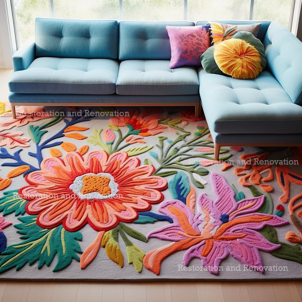 Handmade Wool Floral Area Rug for Living Room | Elegant Flower Garden Design, Soft, Thick and Durable | Bedroom, Dining Room & Home Decor Carpet (8' x 11', Floral I)