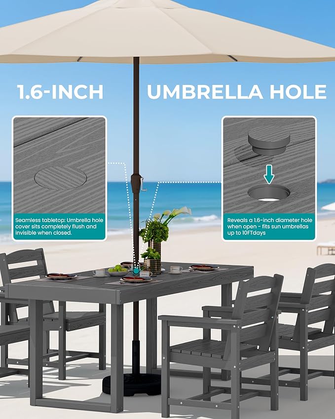 SERWALL HDPE Outdoor Dining Set for 6, 67'' All Weather Patio Dining Table and Chairs Set for Deck, Lawn, Gray