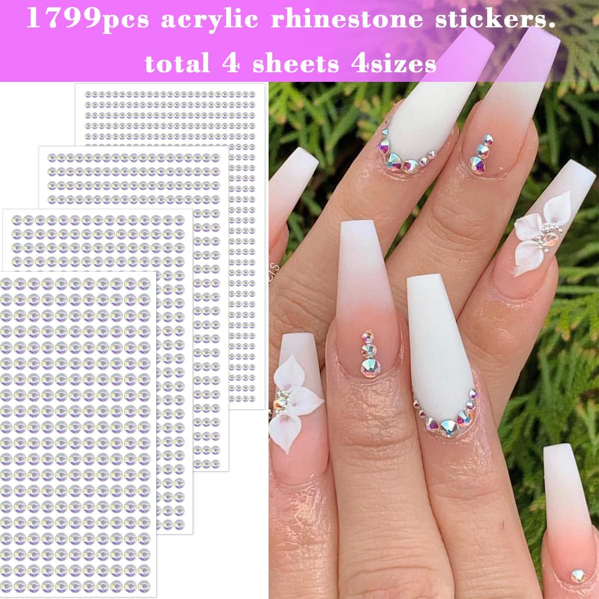1799pcs Self Adhesive Face Gems Stickers, Hair Gems Rhinestones Stickers, Bling Jewels for Makeup, Crafts, Home Decor Scrapbooking Embellishments, 4 Sizes 3mm/4mm/5mm/6mm(AB Rhinestones)