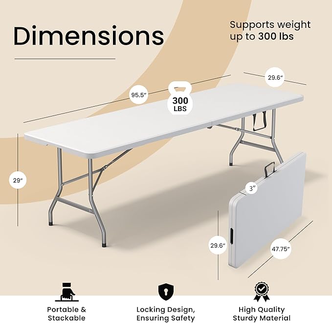 8 Feet Foldable Table with Built in Handle & Steel Legs | Heavy Duty Portable | Perfect for Party, Dining, Wedding, Events, Picnic Indoor, Outdoor, Camping, Utility, Temporary