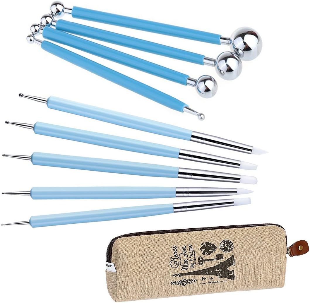Ecjiuyi 9PCS Sculpting Tools,4PCS Double-Ended Metal Ceramic Clay Ball Stylus Dotting Tools and 5PCS 2 Way Silicone Polymer and Embossing Paper Flower Indentation Tool Set
