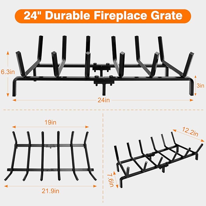 FEED GARDEN Fireplace Grate 24 inch Heavy Duty Fireplace Log Holder, 1/2" Solid Steel Bar Fire Pit Grate for Indoor Outdoor, Wood Stove Fireplace Accessories Wrought Iron Firewood Burning Rack