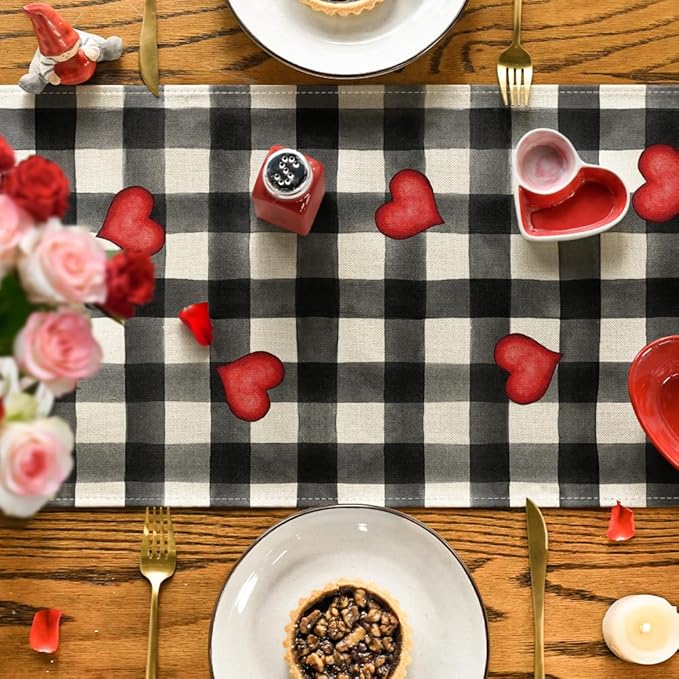 Artoid Mode Watercolor Buffalo Plaid Hearts Gnomes Love Valentine's Table Runner, Seasonal Anniversary Wedding HoliKitchen Dining Table Decoration for Indoor Outdoor Home Decor 13 x 36 Inch