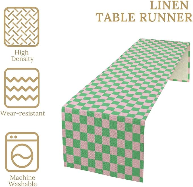 Retro Checkered Table Runner, Cute Pink Green Checkerboard Vintage Hippie Modern Aesthetic Table Runner for Party Kitchen Dining Home Outdoor Banquet 13x36in