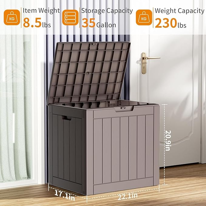 DRATO 35 Gallon Deck Boxes Resin Outdoor Storage Box UV Resistant Outside Deck Box with Lockable Lid for Patio Furniture（Grey，35 Gallon）