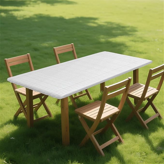 Rectangle Table Cloth Cover Waterproof Elastic Fitted Polyester Fitted Tablecloths for 4 Foot Tables for Indoor,Picnic, Camping, Outdoor （48" x 30"，White Grid）