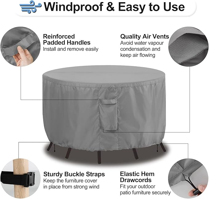 OutdoorLines Outdoor Waterproof Patio Table Furniture Set Covers - Round Couch Sectional Cover Outside Weatherproof Patio Furniture Covering for Deck, Lawn and Backyard 96" DIA x 28" H, Grey