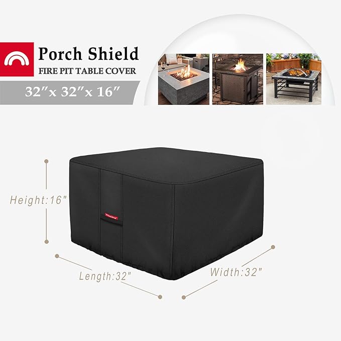 Porch Shield Fire Pit Cover - Waterproof 600D Heavy Duty Fade Resistant Square Patio Fire Pit Table Cover Black - 32 x 32 inch