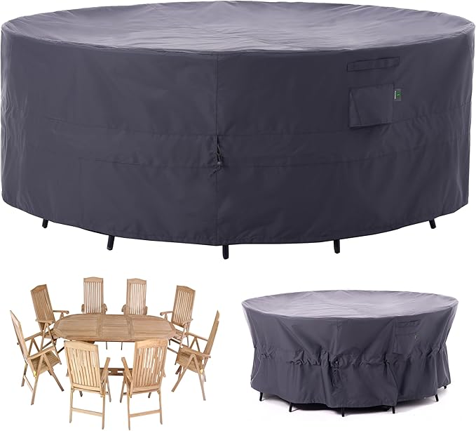 F&J Outdoors Patio Furniture Covers, Heavy Duty Tear Resistant Waterproof UV Resistant Windproof Extra Large Furniture Cover, Grey, 130" Dia x 35" H