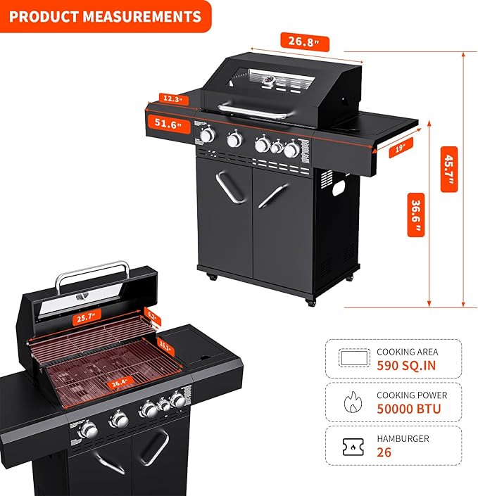 4 Burners Propane Gas Grill with Visual Glass, 50000 BTU Outdoor BBQ Propane Grill with Side Burner, Heighter, Double-Layer Lid, Stainless Steel Grids and Observing Changes in Food for Perfect BBQ