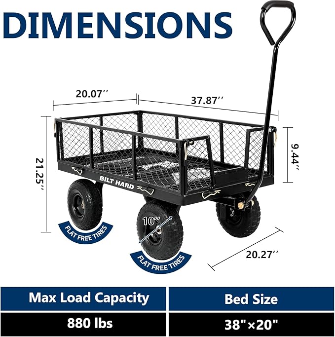 BILT HARD 880 lbs 10" Tires Steel Garden Cart with 180° Rotating Handle and Removable Sides, Heavy Duty 4 Cu.Ft Capacity Utility Garden Carts and Wagons, Black