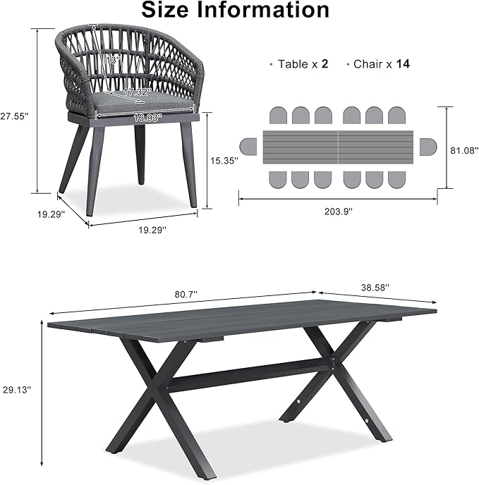 PURPLE LEAF 16 Pieces Outdoor Dining Set All-Weather PE Rattan Outdoor Patio Furniture Set with All Aluminum Frame Rectangular Table and Chairs Set for Lawn Garden Backyard Deck, Grey